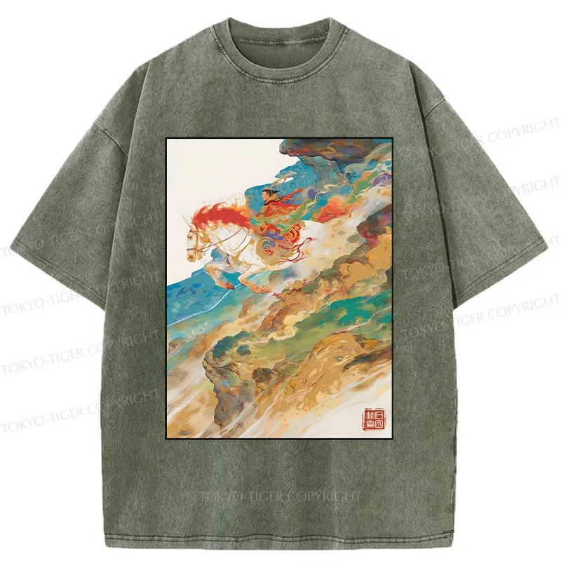 Tokyo-Tiger Landscape Painting Washed T-Shirt