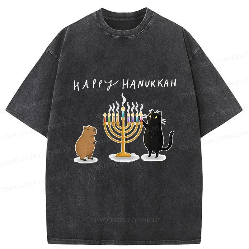 Tokyo-Tiger Cats Light Hanukkah Candles Washed T-Shirt