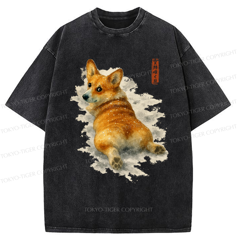 Tokyo-Tiger Corgi in the Snow Washed T-Shirt