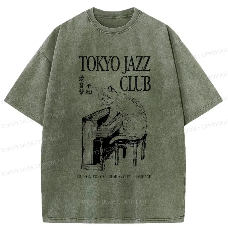 Tokyo-Tiger Cat Playing The Piano Washed T-Shirt