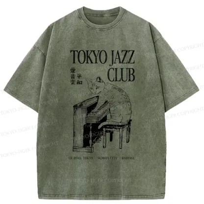Tokyo-Tiger Cat Playing The Piano Washed T-Shirt
