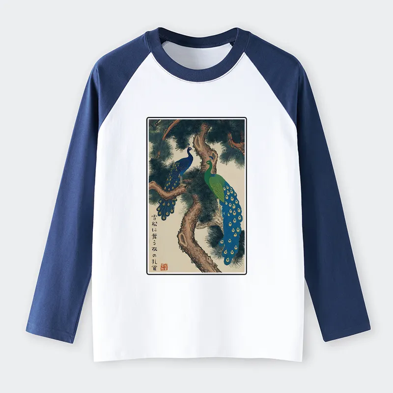 Tokyo-Tiger Peacocks In Snowy Pines Raglan Long Sleeve T-shirt