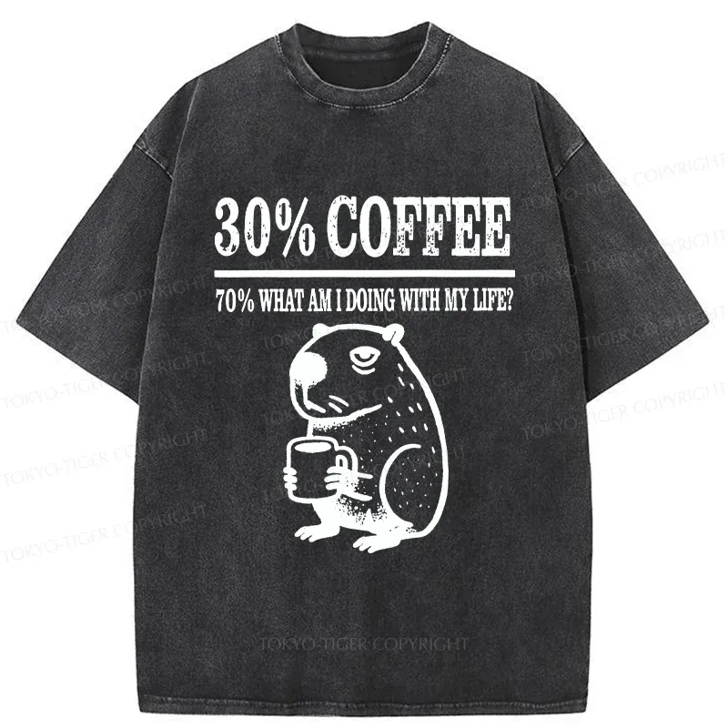 Tokyo-Tiger Capybara Drinking Coffee Washed T-Shirt