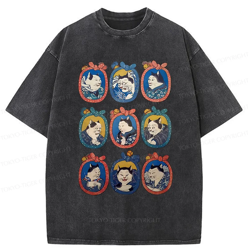 Tokyo-Tiger Ukiyo-e Cat Portrait Washed T-Shirt