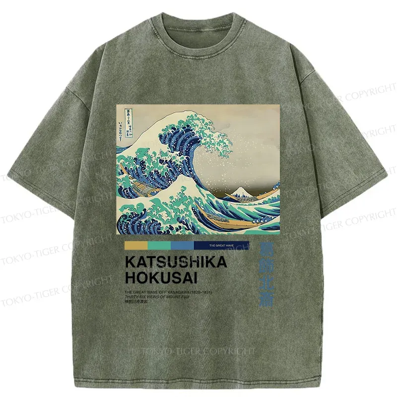 Tokyo-Tiger Japanese Ukiyo-e Waves Washed T-Shirt