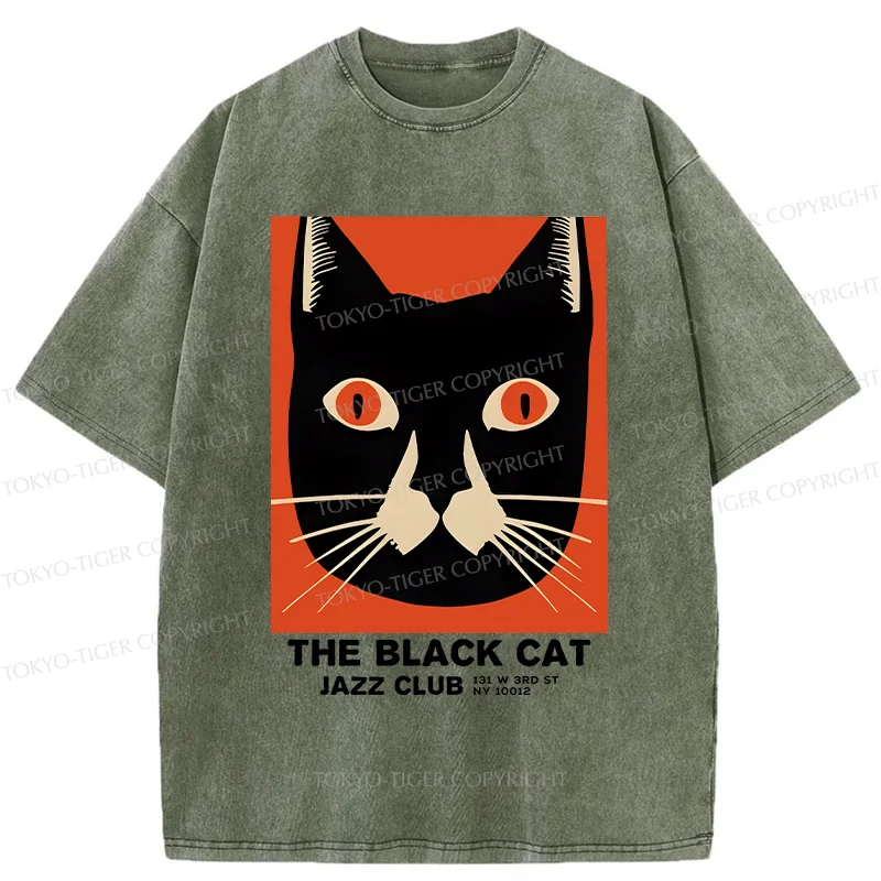 Tokyo-Tiger Minimalist Black Cat Washed T-Shirt