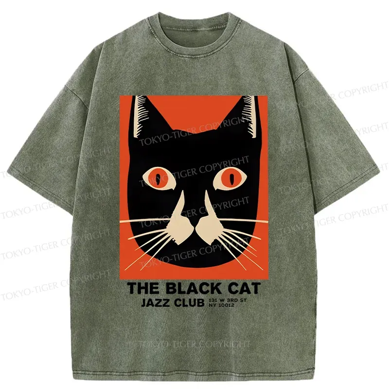 Tokyo-Tiger Minimalist Black Cat Washed T-Shirt