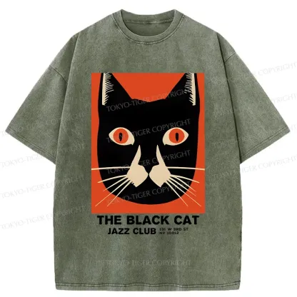 Tokyo-Tiger Minimalist Black Cat Washed T-Shirt