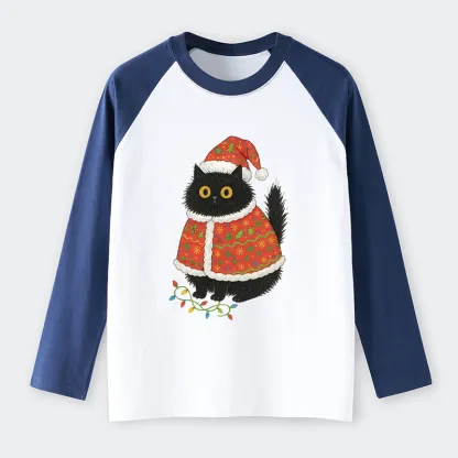 Tokyo-Tiger Cat Wearing Santa Hat Raglan Long Sleeve T-shirt