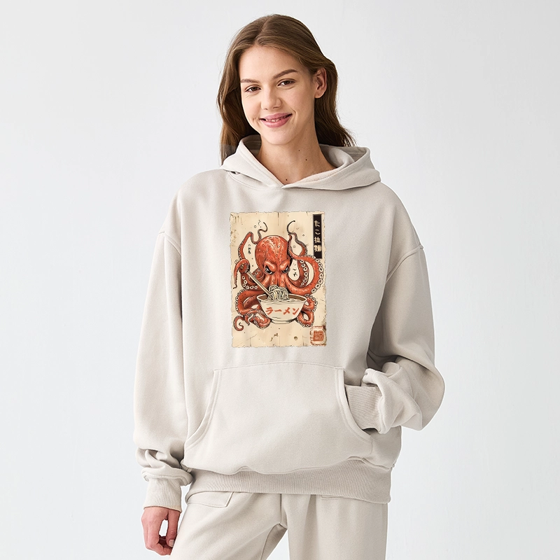Tokyo-Tiger Retro Octopus Eating Ramen Aldult Fleece Hoodie