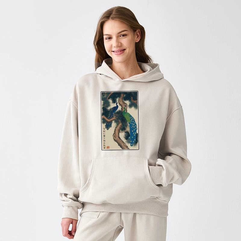 Tokyo-Tiger Peacocks in Snowy Pines Aldult Fleece Hoodie