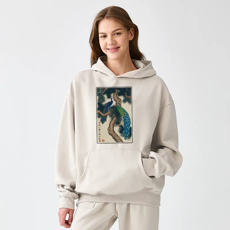 Tokyo-Tiger Peacocks in Snowy Pines Aldult Fleece Hoodie