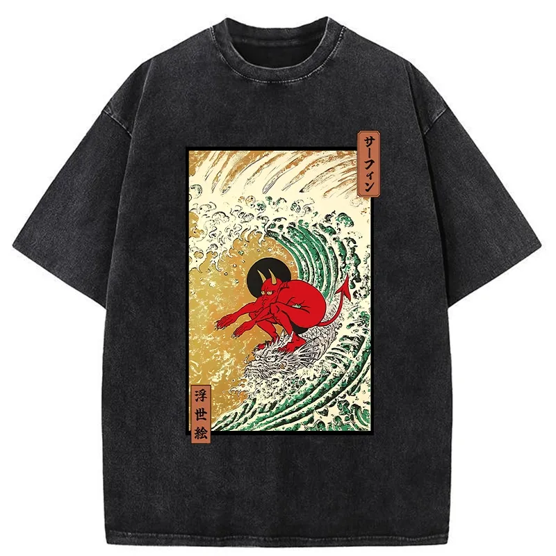 Tokyo-Tiger Surfing Demon Washed T-Shirt Sale