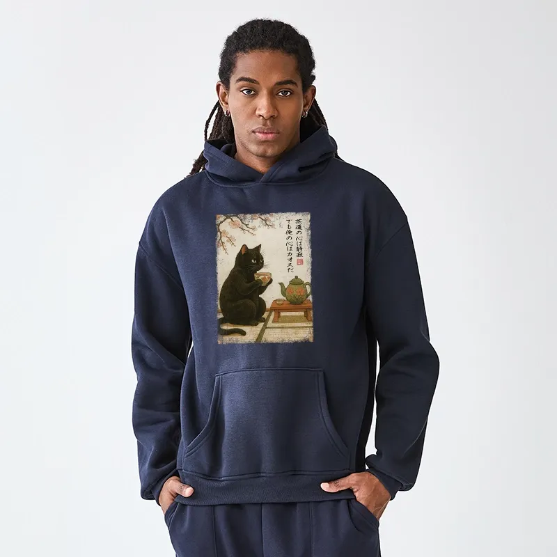 Tokyo-Tiger Tea Time With A Black Cat Aldult Fleece Hoodie