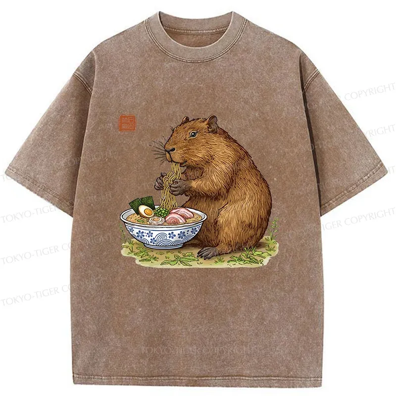 Tokyo-Tiger Capybara Eating Delicious Ramen Washed T-Shirt