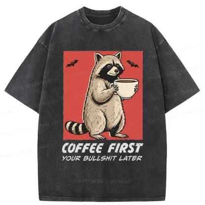Tokyo-Tiger Raccoon Drinking Coffee Washed T-Shirt
