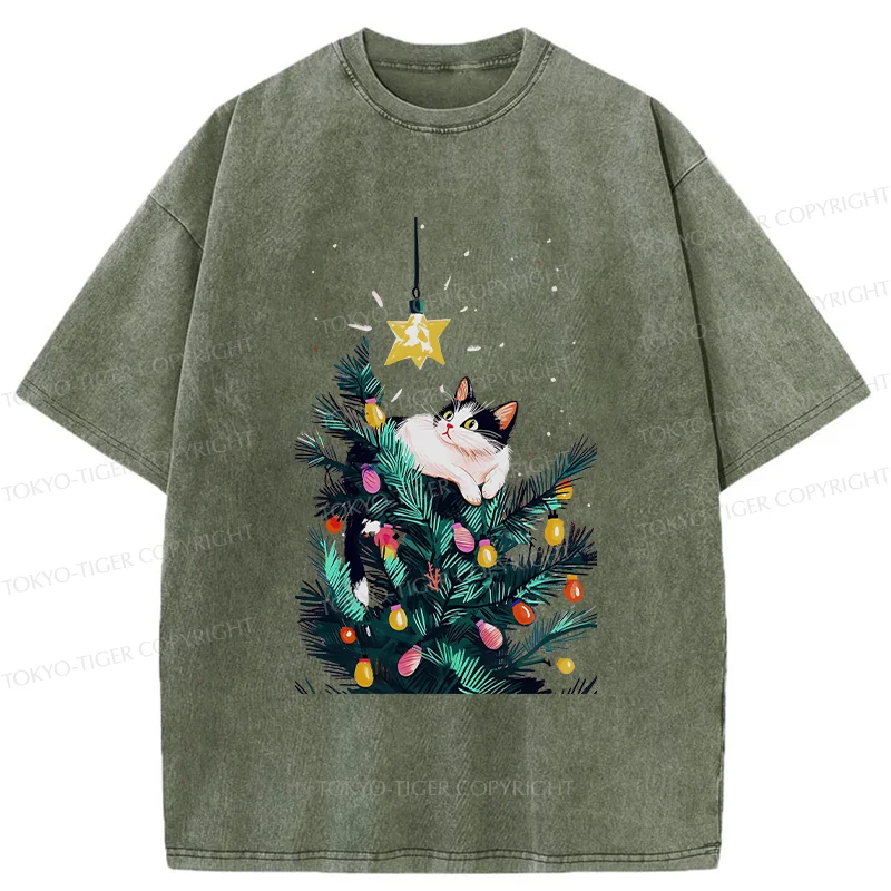 Tokyo-Tiger Cute Christmas Cat Washed T-Shirt