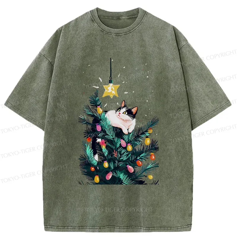 Tokyo-Tiger Cute Christmas Cat Washed T-Shirt