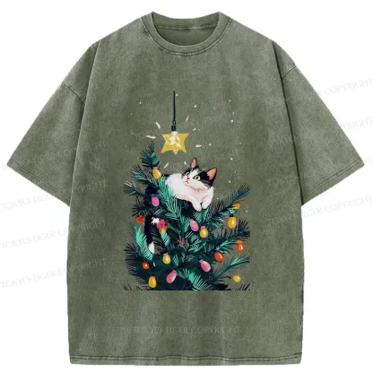 Tokyo-Tiger Cute Christmas Cat Washed T-Shirt