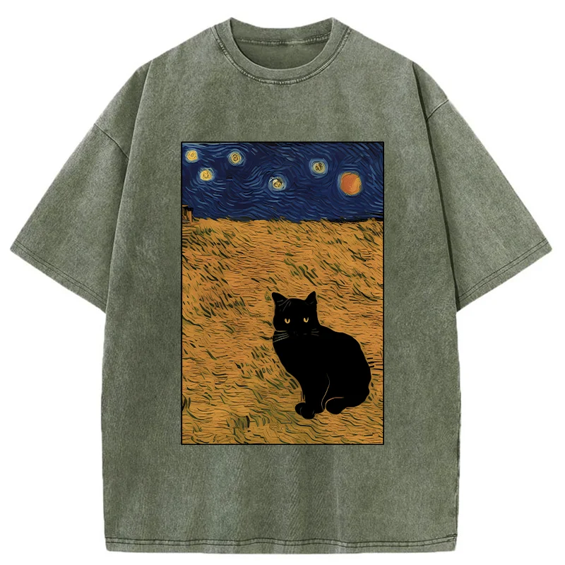 Tokyo-Tiger Cat In The Field Under Starry Sky Washed T-Shirt