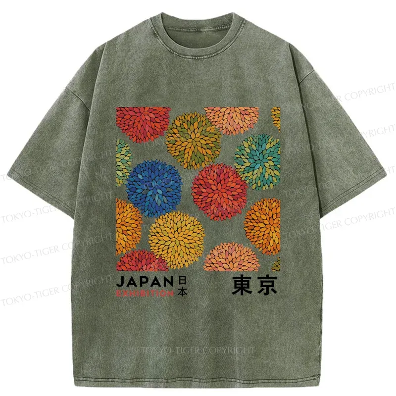 Tokyo-Tiger Japanese Flower Art Washed T-Shirt