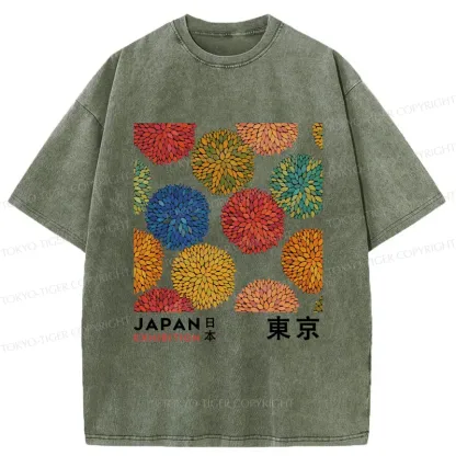 Tokyo-Tiger Japanese Flower Art Washed T-Shirt