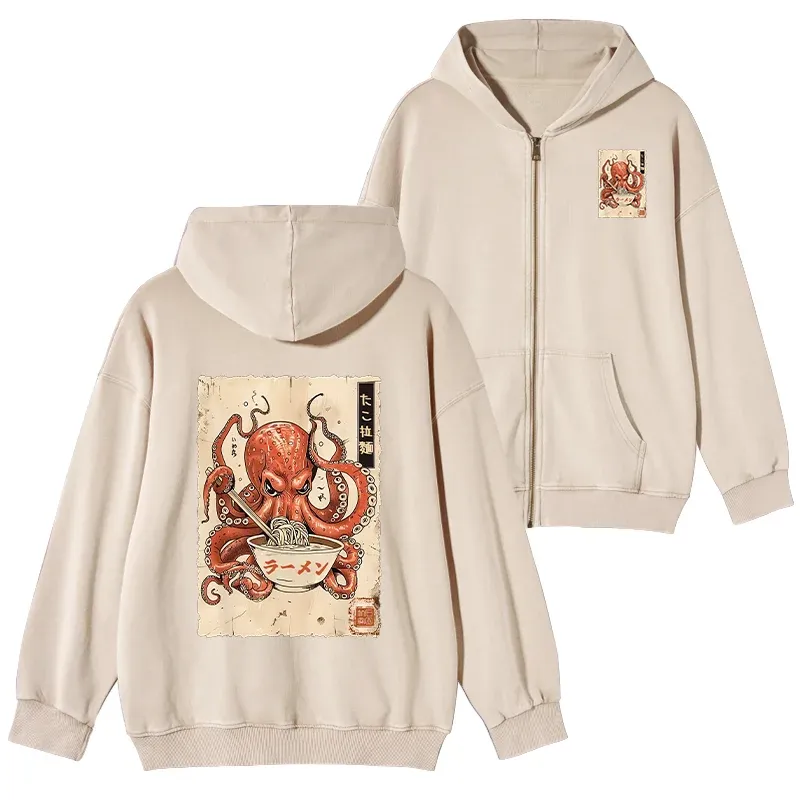 Tokyo-Tiger Retro Octopus Eating Ramen Washed Zip Hoodie