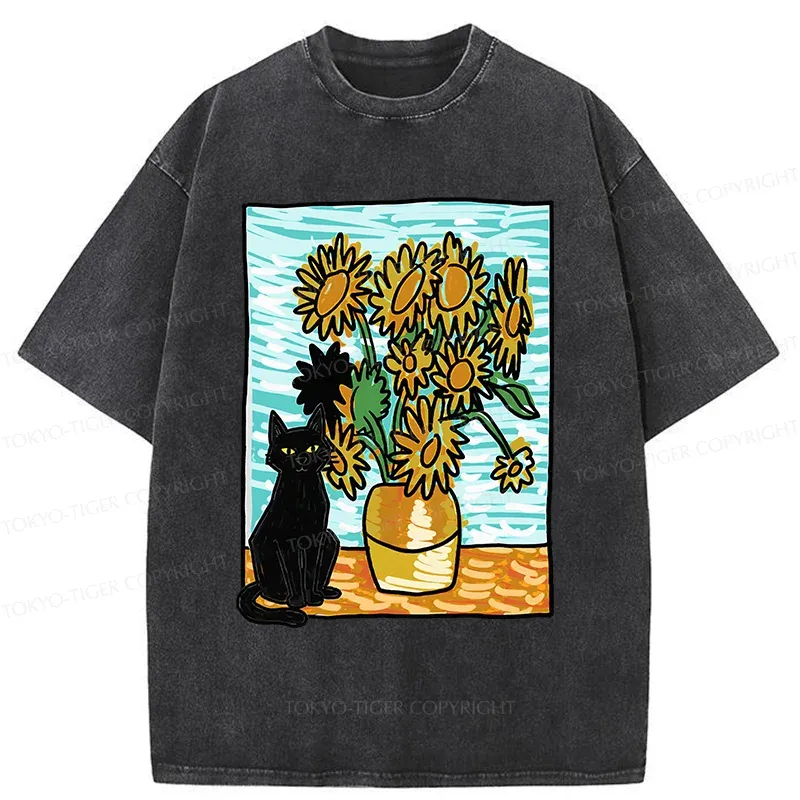 Tokyo-Tiger Black Cat And Sunflower Washed T-Shirt