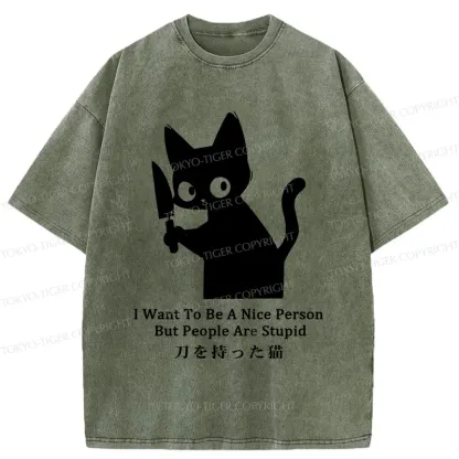 Tokyo-Tiger Black Cat With A Knife Washed T-Shirt