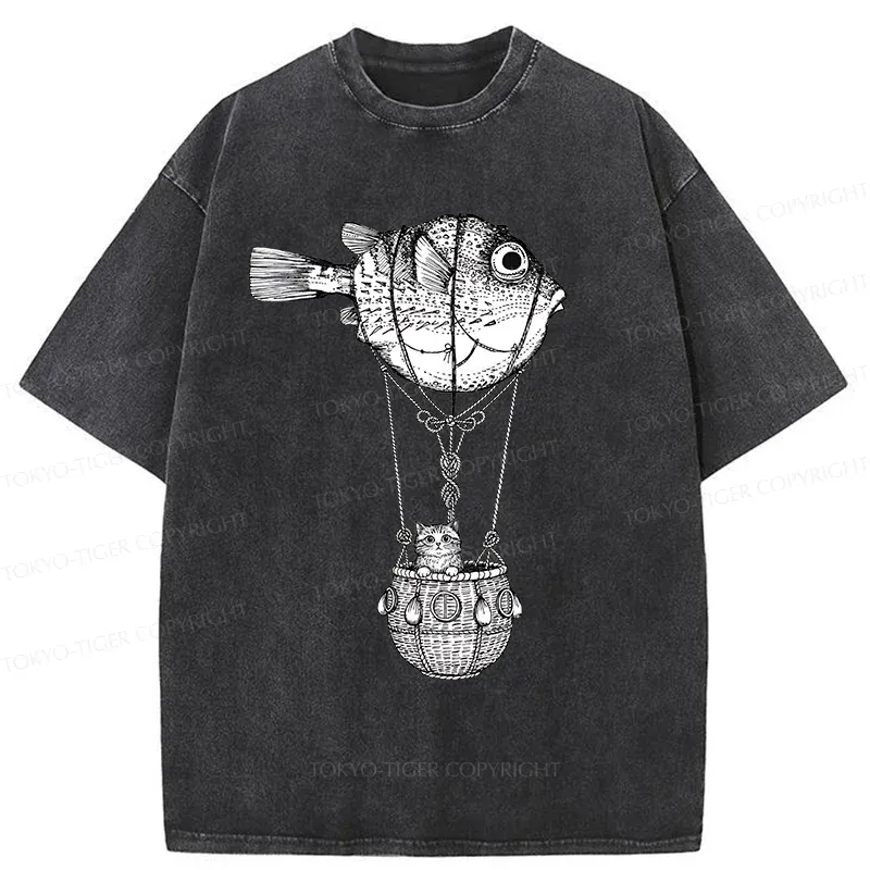 Tokyo-Tiger Pufferfish Motorboat Washed T-Shirt
