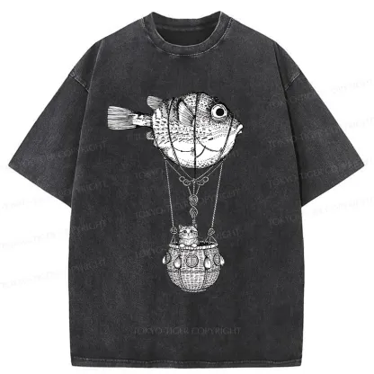 Tokyo-Tiger Pufferfish Motorboat Washed T-Shirt