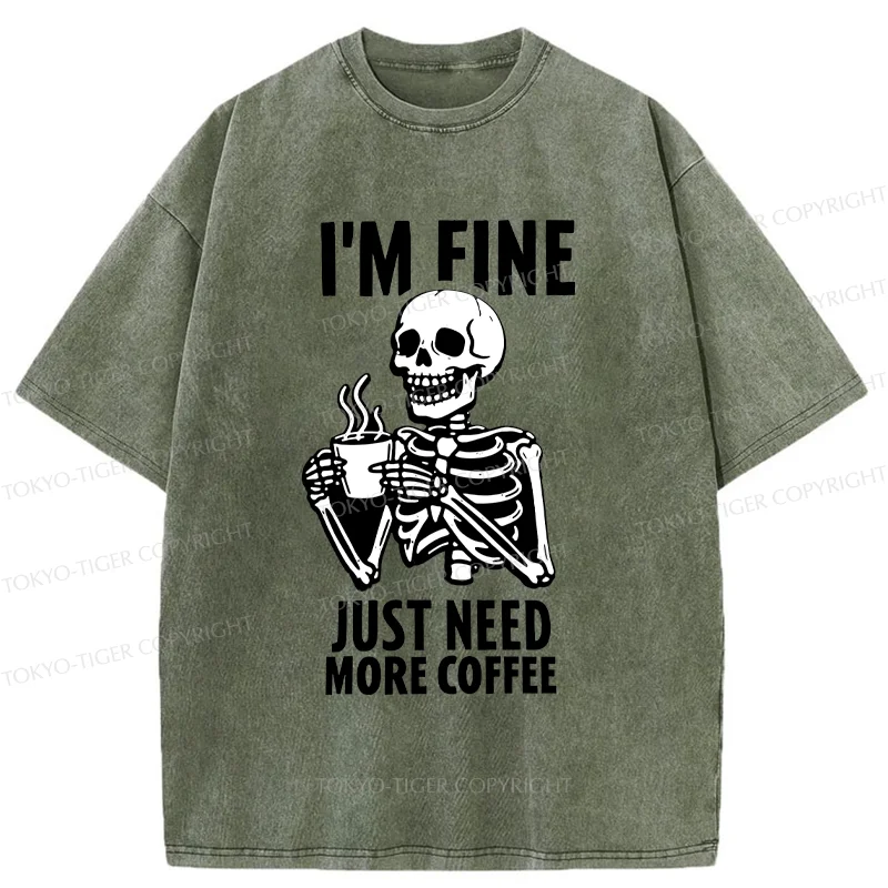 Tokyo-Tiger Skeleton Drinking Coffee Washed T-Shirt