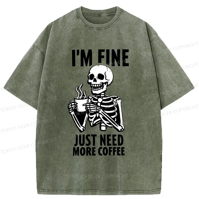 Tokyo-Tiger Skeleton Drinking Coffee Washed T-Shirt