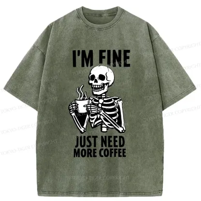 Tokyo-Tiger Skeleton Drinking Coffee Washed T-Shirt
