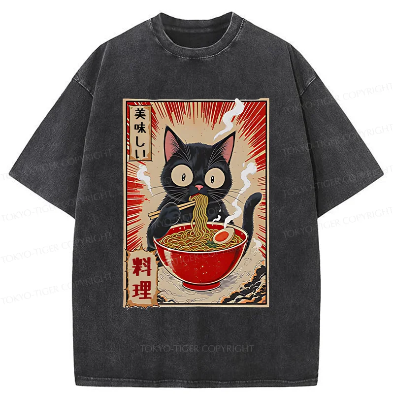 Tokyo-Tiger Black Cat Eating Ramen Comic Washed T-Shirt