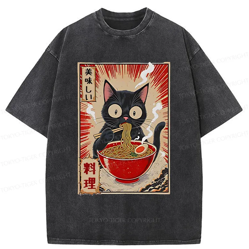 Tokyo-Tiger Black Cat Eating Ramen Comic Washed T-Shirt