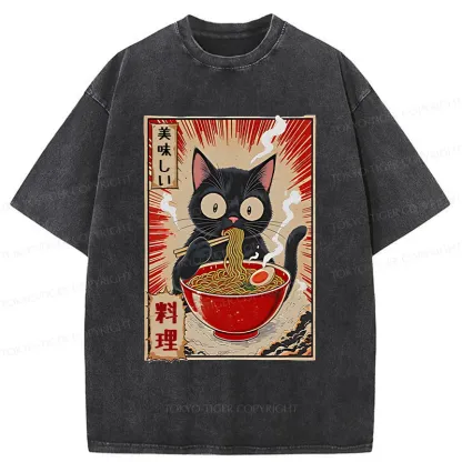 Tokyo-Tiger Black Cat Eating Ramen Comic Washed T-Shirt