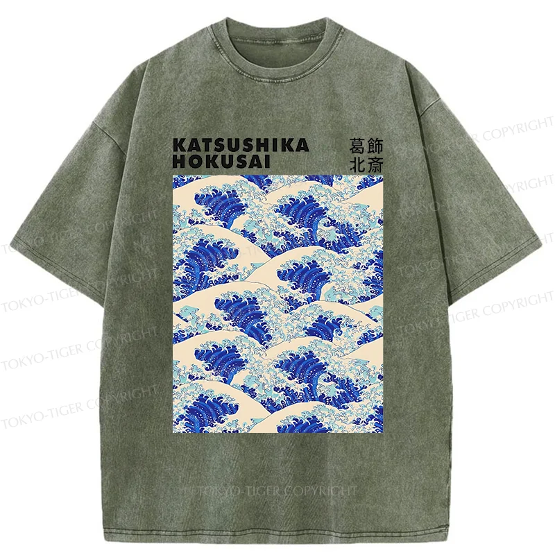 Tokyo-Tiger Ukiyo-e Wave Poster Washed T-Shirt