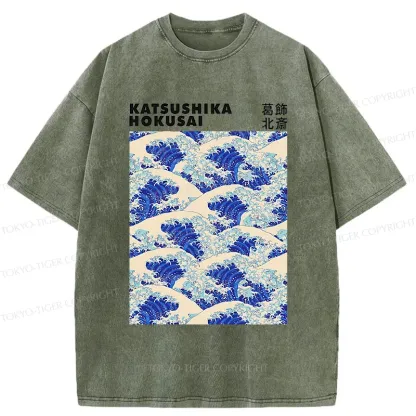 Tokyo-Tiger Ukiyo-e Wave Poster Washed T-Shirt
