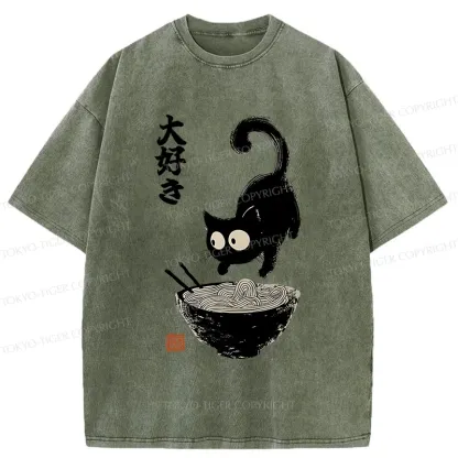 Tokyo-Tiger Retro Cat Eats Delicious Ramen Washed T-Shirt