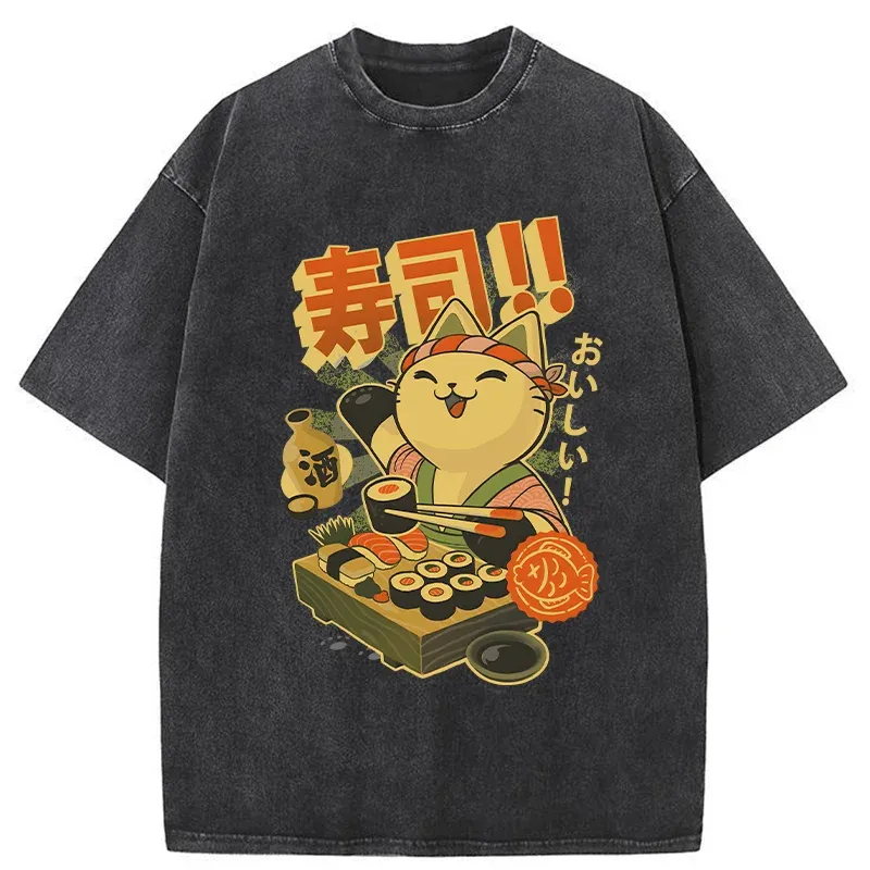 Tokyo-Tiger Cat Chef Special Sushi Washed T-Shirt Sale