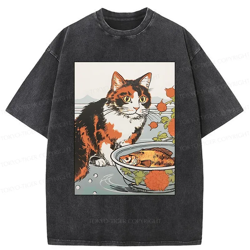 Tokyo-Tiger Cat Watching Koi Washed T-Shirt