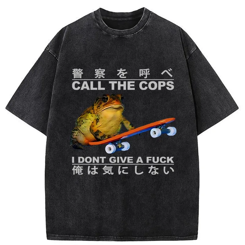 Tokyo-Tiger Funny Frog On Skateboard Washed T-Shirt