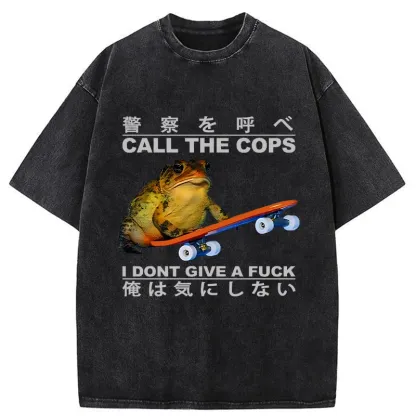 Tokyo-Tiger Funny Frog On Skateboard Washed T-Shirt