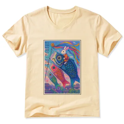 Tokyo-Tiger Ukiyoe Rabbit Ride Carp Streamer Poster V-Neck Classic T-Shirt