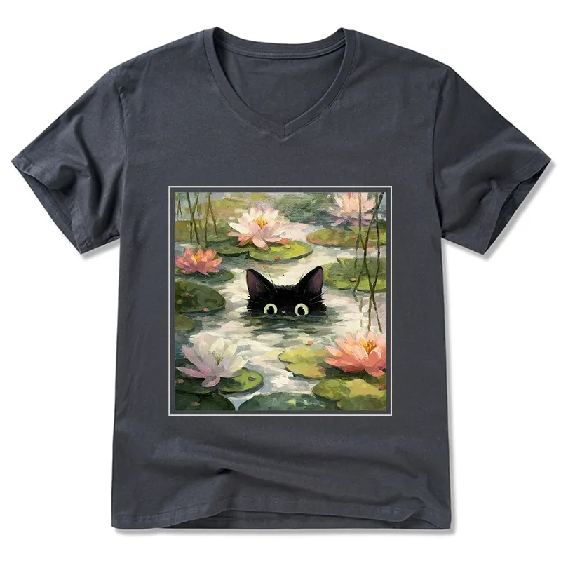 Tokyo-Tiger Black Cat and Lotus Flower V-Neck Classic T-Shirt