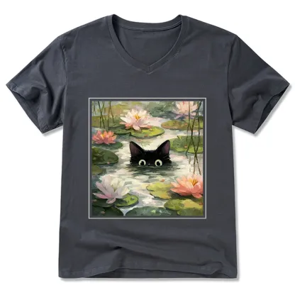 Tokyo-Tiger Black Cat and Lotus Flower V-Neck Classic T-Shirt