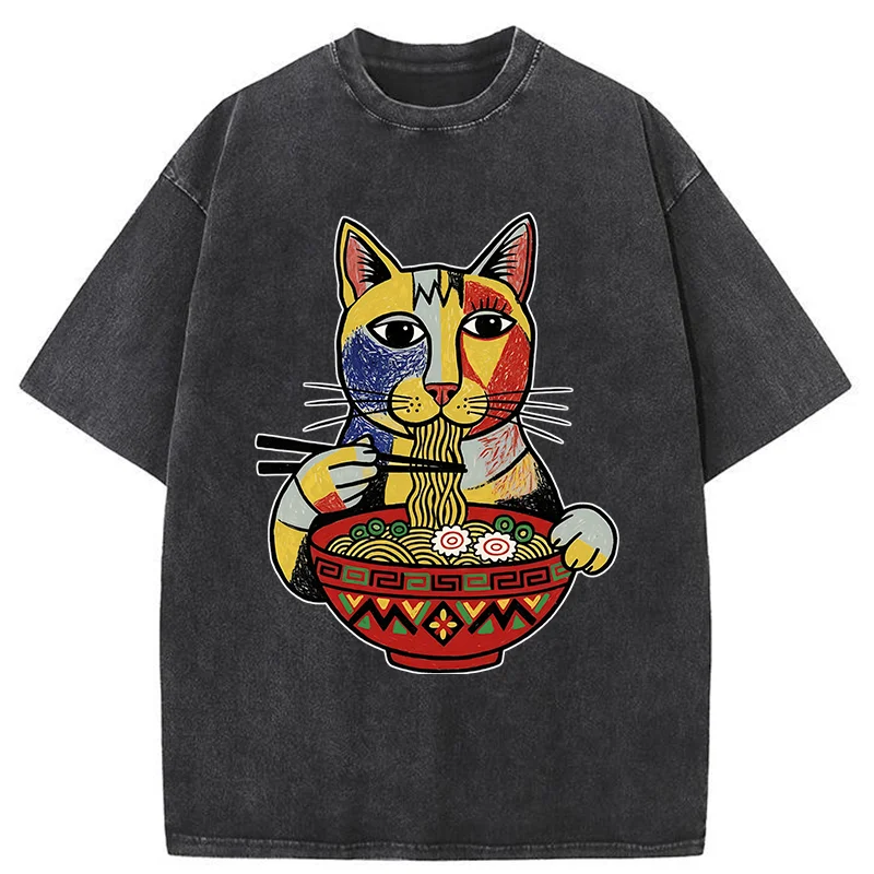 Tokyo-Tiger Abstract Cat Eating Ramen Washed T-Shirt
