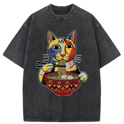 Tokyo-Tiger Abstract Cat Eating Ramen Washed T-Shirt