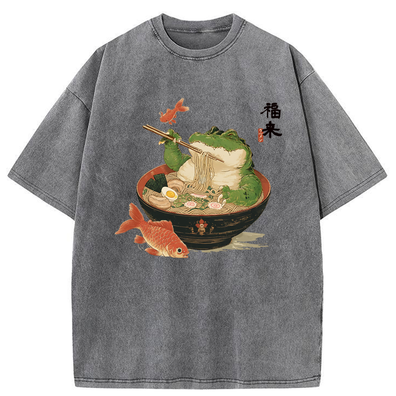 Tokyo-Tiger Fat Crocodile Eating Ramen Washed T-Shirt
